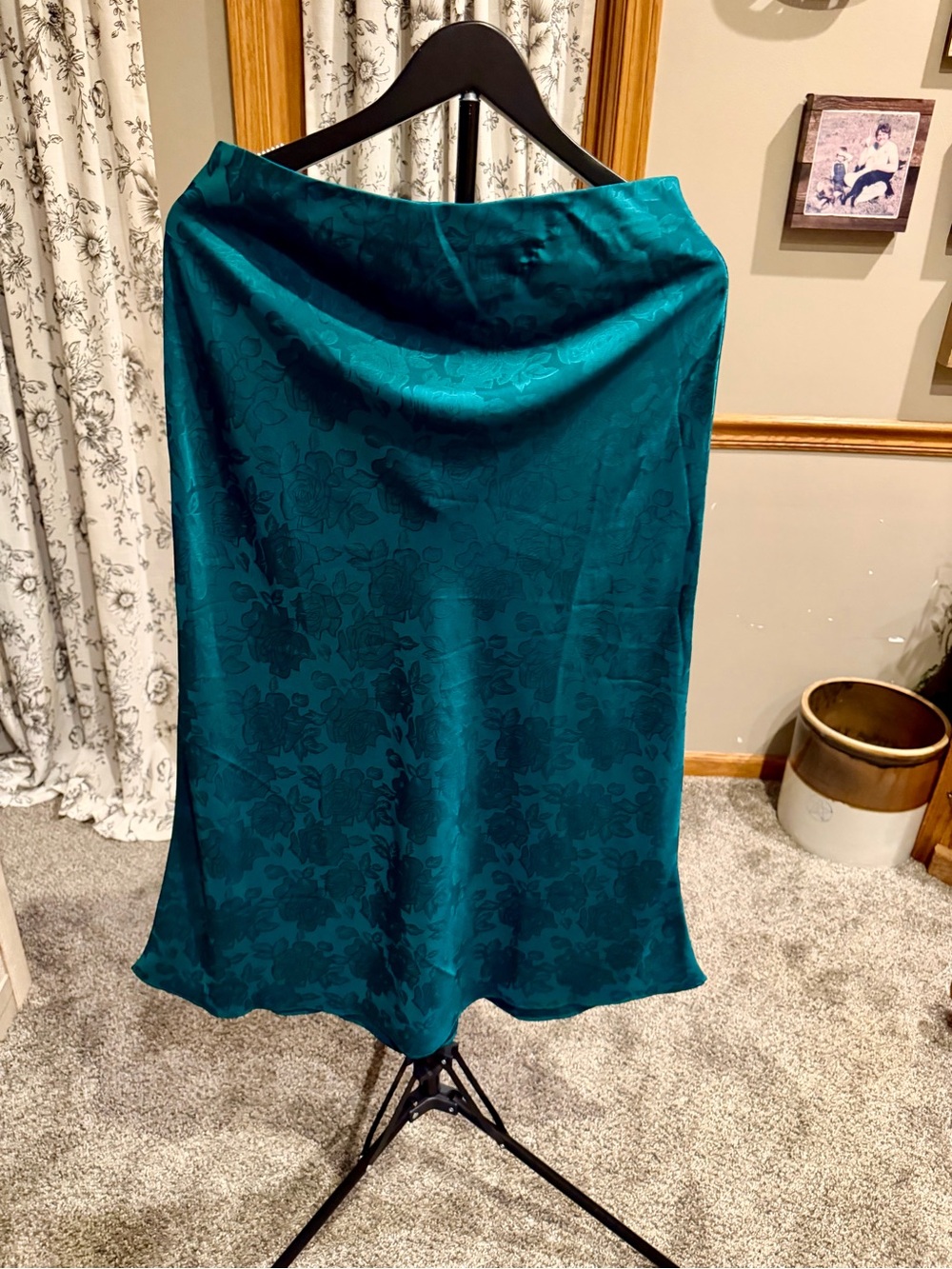 Dark Teal Floral Satin Midi Skirt